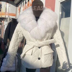 Mono B White Quilted Puffer Jacket with real albino raccoon fur